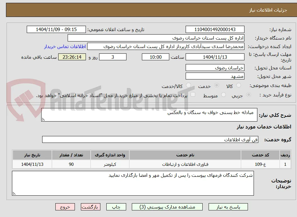   مبادله خط پستی خواف به سنگان و بالعکس