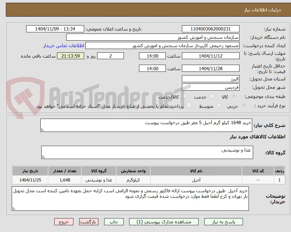 خرید 1648 کیلو گرم آجیل 5 مغز طبق درخواست پیوست 