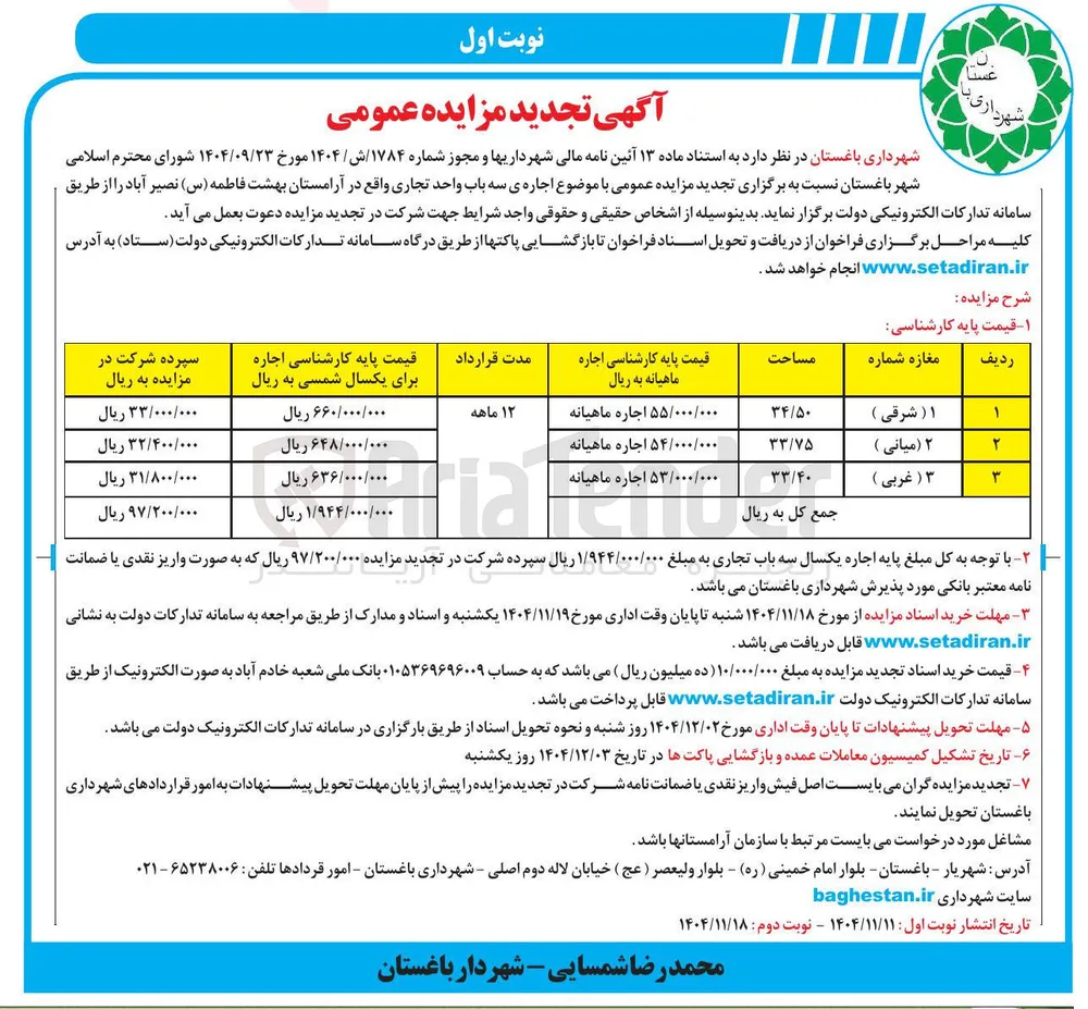 اجاره ی سه باب واحد تجاری 