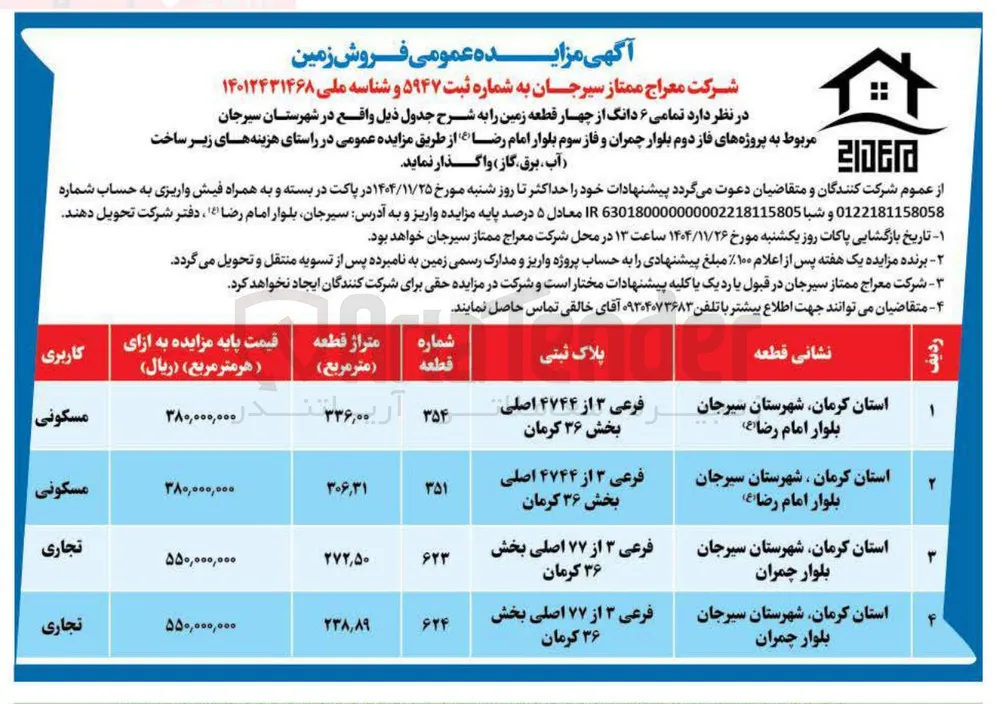 فروش تمامی ۶ دانگ از چهار قطعه زمین 