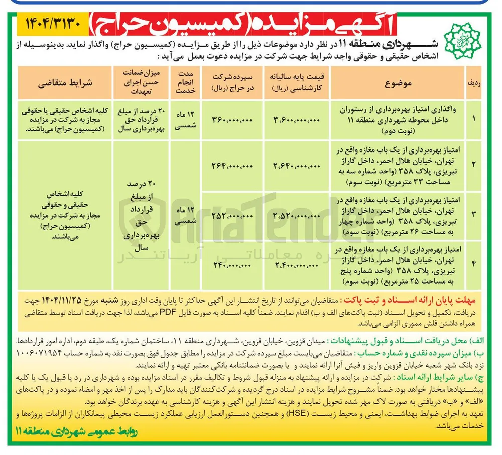واگذاری امتیاز بهره برداری از رستوران داخل محوطه 