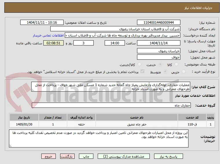 عملیات حفاری، لوله‌گذاری وآزمایش پمپاژ چاه گمانه جدید شماره 1 مسکن ملی شهر خواف - پرداخت از محل طرحهای عمرانی و به صورت اسناد خزانه