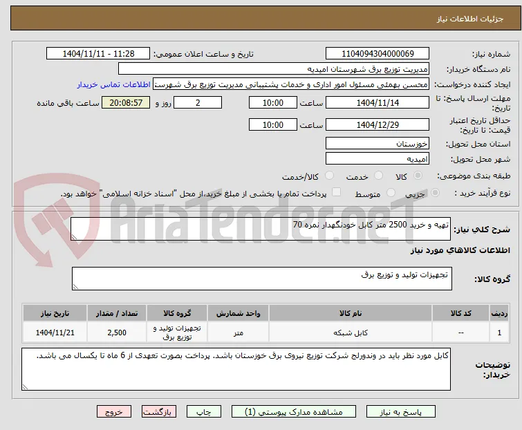 تهیه و خرید 2500 متر کابل خودنگهدار نمره 70