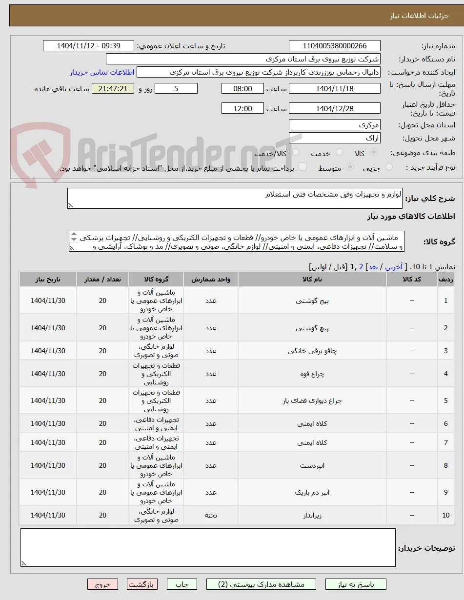 لوازم و تجهیزات وفق مشخصات فنی استعلام