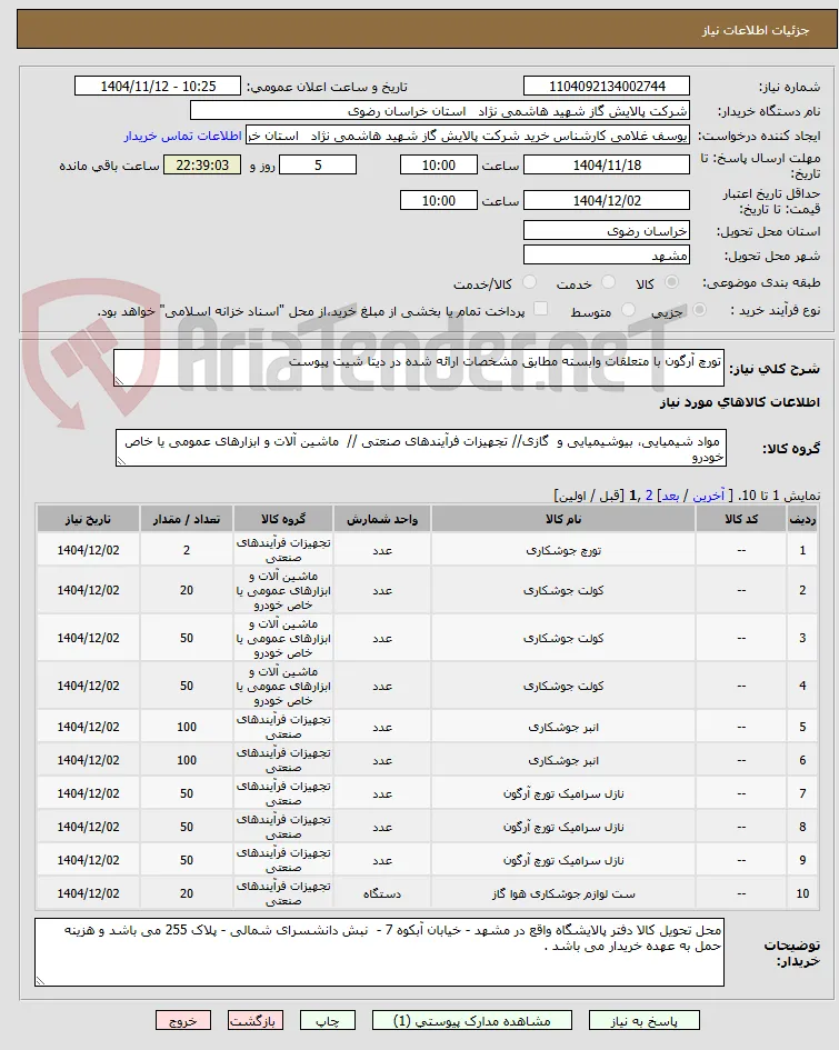 تورچ آرگون با متعلقات وابسته مطابق مشخصات ارائه شده در دیتا شیت پیوست