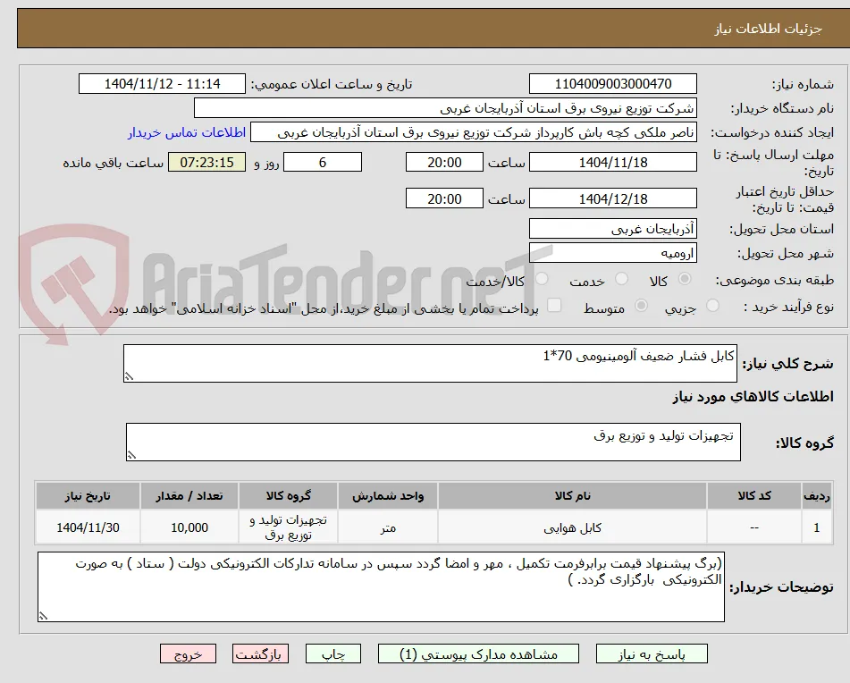 کابل فشار ضعیف آلومینیومی 70*1