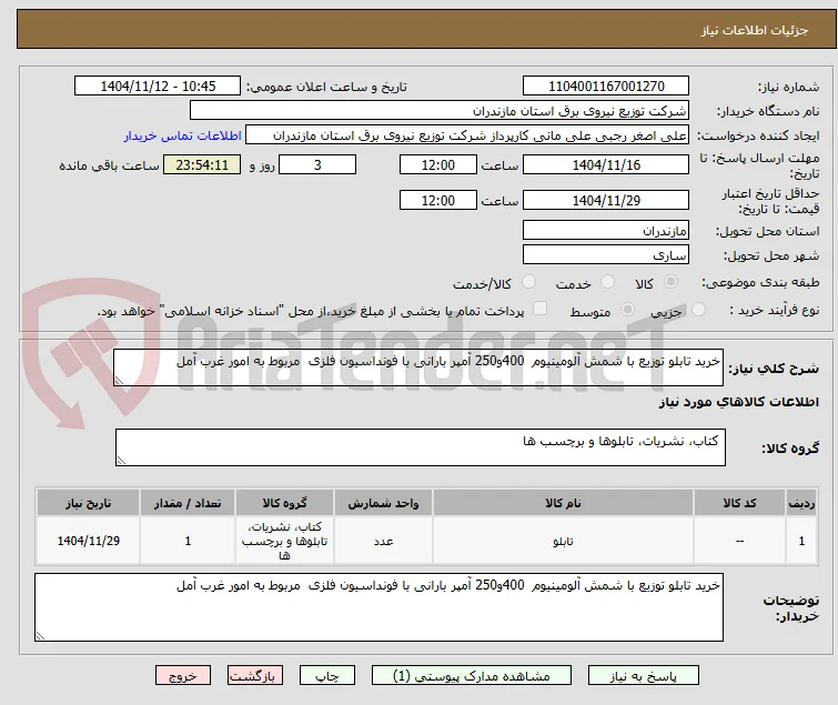 خرید تابلو توزیع با شمش آلومینیوم  400و250 آمپر بارانی با فونداسیون فلزی  مربوط به امور غرب آمل