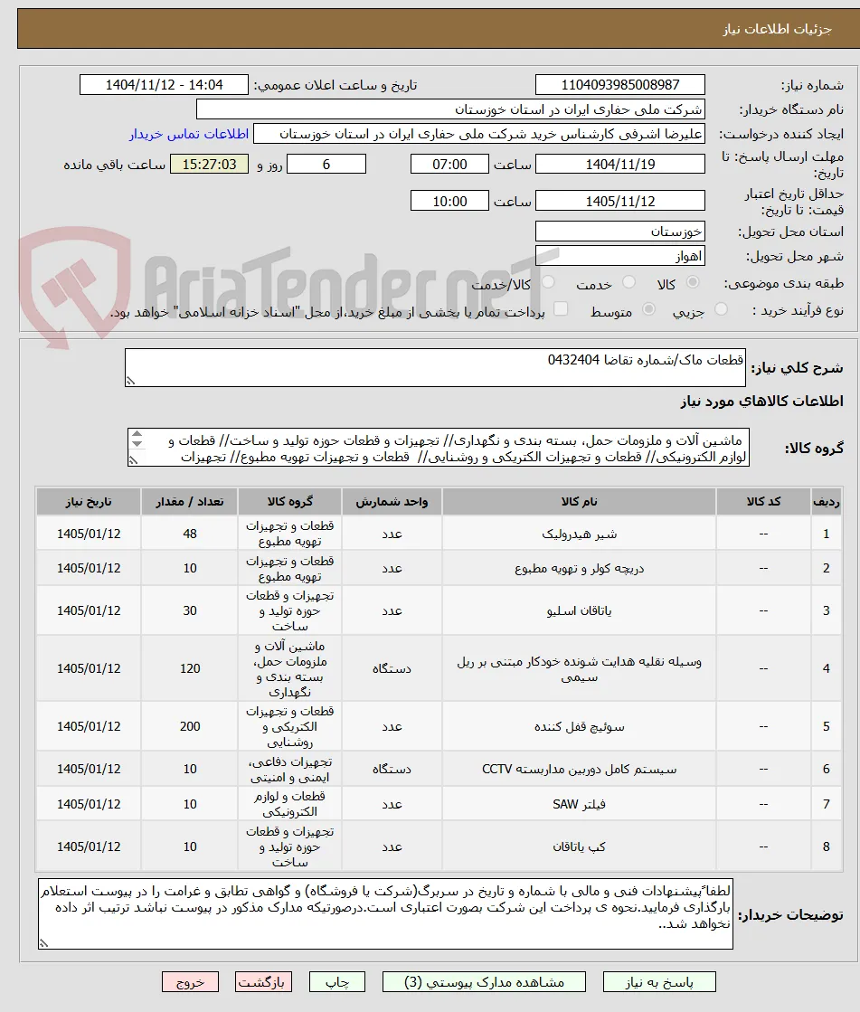 قطعات ماک/شماره تقاضا 0432404