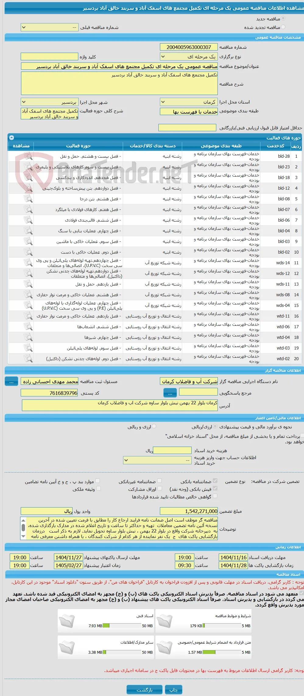 مناقصه عمومی یک مرحله ای تکمیل مجتمع های اسفک آباد و سربند خالق آباد بردسیر 