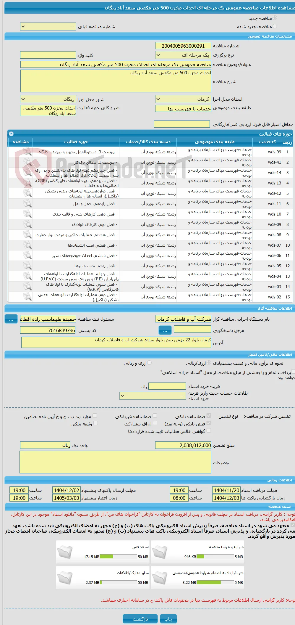 مناقصه عمومی یک مرحله ای احداث مخزن 500 متر مکعبی سعد آباد ریگان