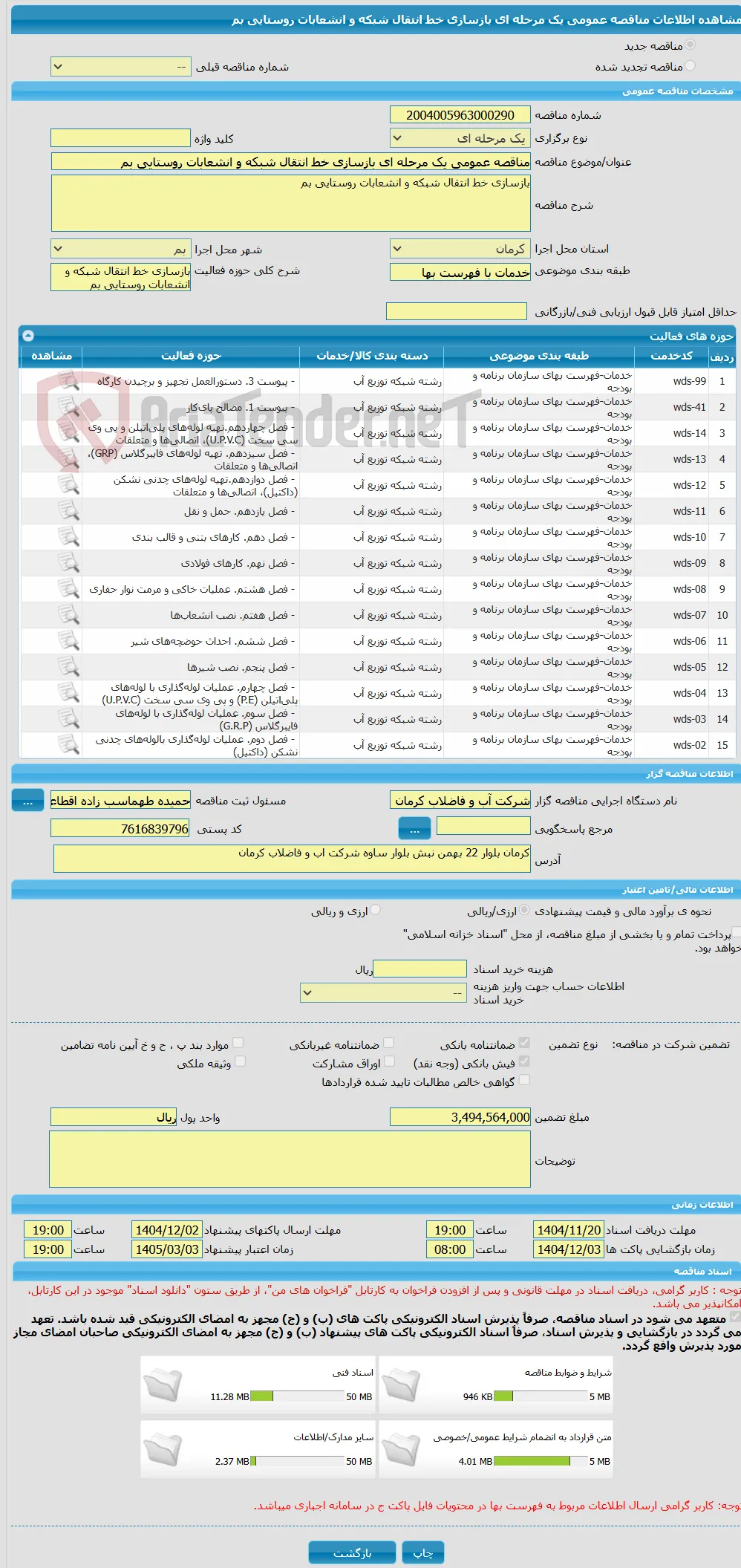 مناقصه عمومی یک مرحله ای بازسازی خط انتقال شبکه و انشعابات روستایی بم