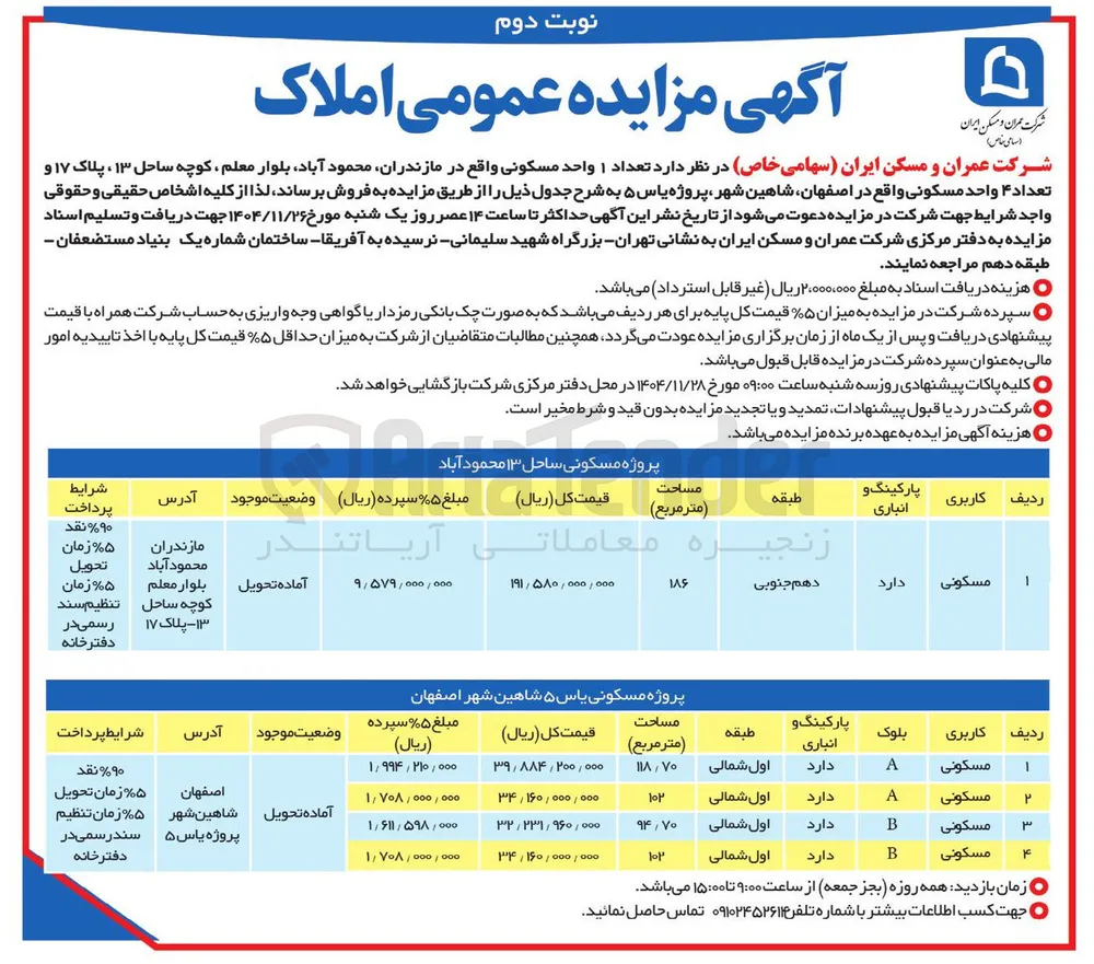 فروش تعداد 5 واحد مسکونی