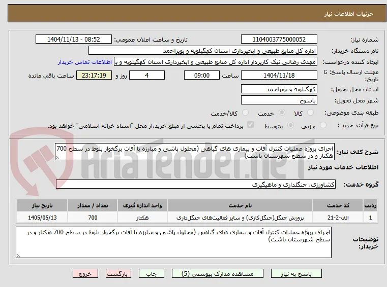 اجرای پروژه عملیات کنترل آفات و بیماری های گیاهی (محلول پاشی و مبارزه با آفات برگخوار بلوط در سطح 700 هکتار و در سطح شهرستان باشت) 