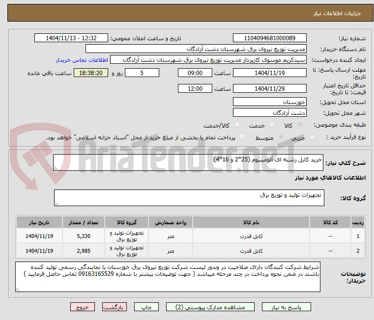 خرید کابل رشته ای آلومینیوم (25*2 و 16*4)