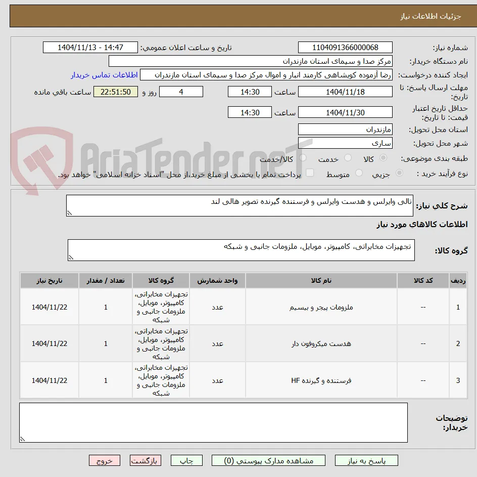 تالی وایرلس و هدست وایرلس و فرستنده گیرنده تصویر هالی لند 