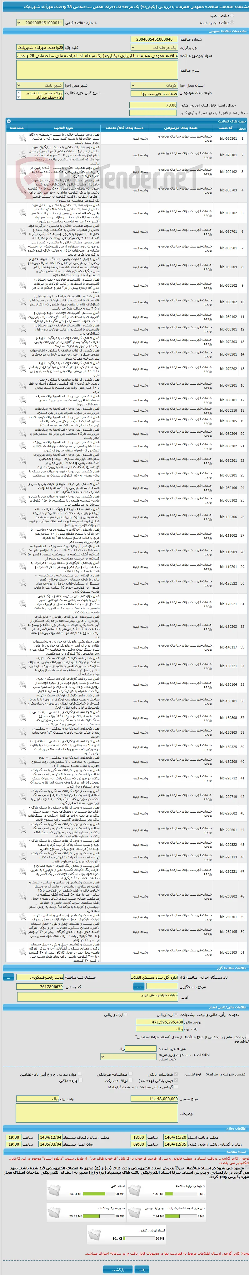 مناقصه عمومی همزمان با ارزیابی (یکپارچه) یک مرحله ای اجرای عملی ساختمانی 28 واحدی مهرآباد شهربابک 