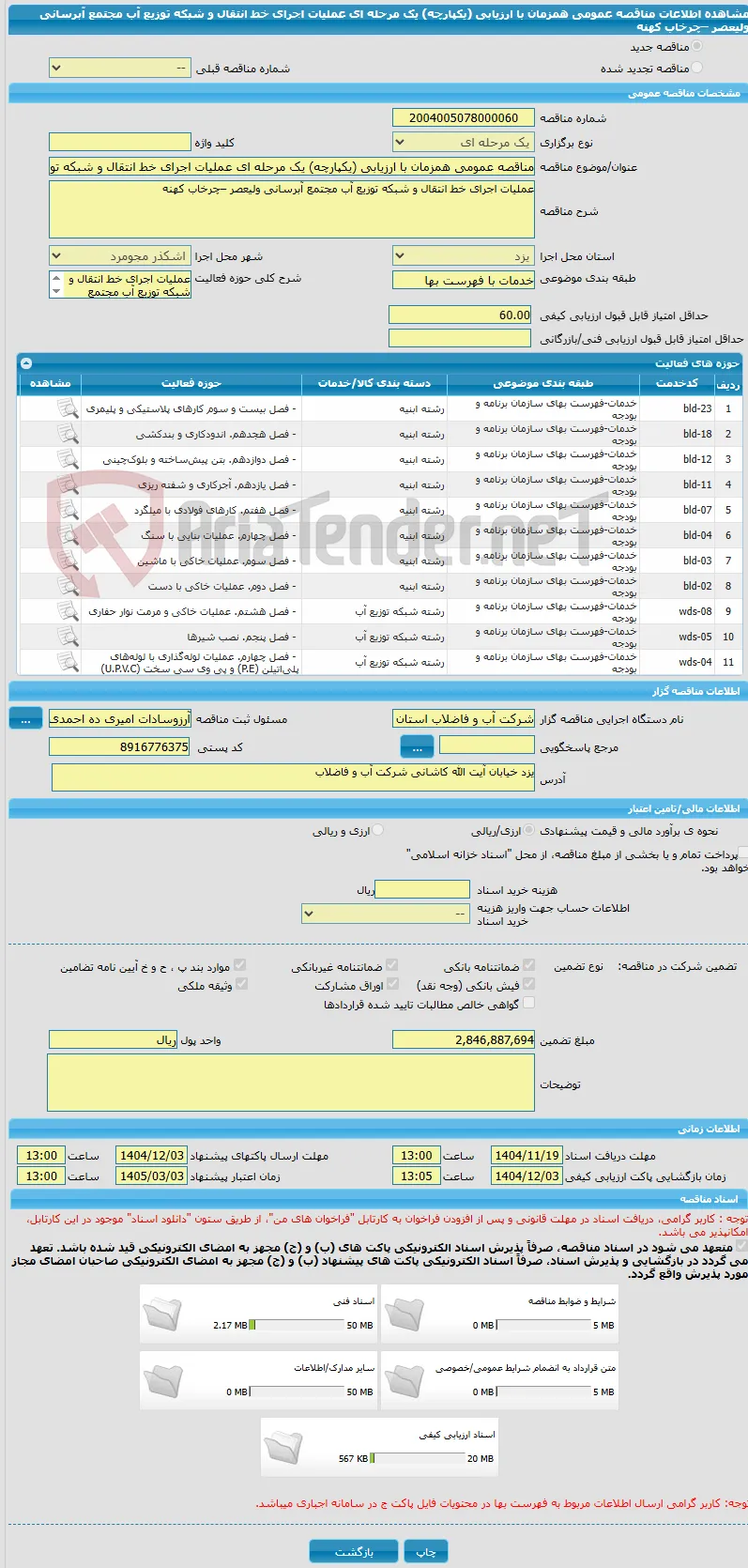 مناقصه عمومی همزمان با ارزیابی (یکپارچه) یک مرحله ای عملیات اجرای خط انتقال و شبکه توزیع آب مجتمع آبرسانی ولیعصر –چرخاب کهنه
