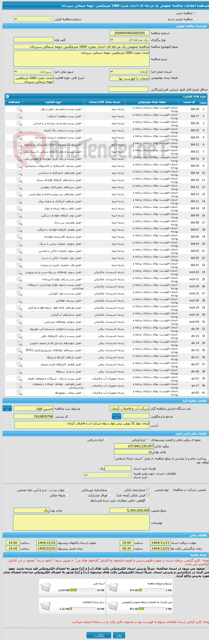 مناقصه عمومی یک مرحله ای احداث مخزن 1000 مترمکعبی حومه شمالی سیرجان
