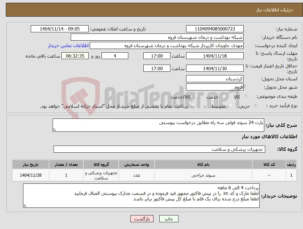 نیاز کالا-پارت 24 سوند فولی سه راه مطابق درخواست پیوستی 