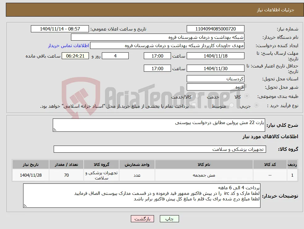 نیاز کالا-پارت 22 مش پرولین مطابق درخواست پیوستی 