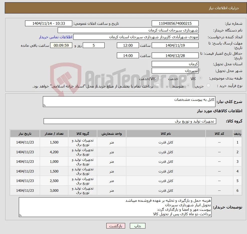 نیاز کالا-کابل به پیوست مشخصات 