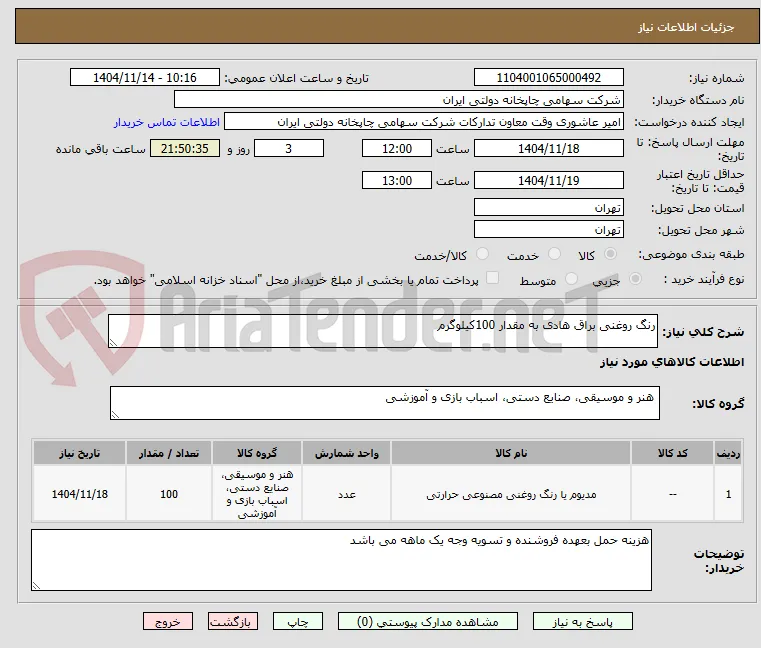 رنگ روغنی براق هادی به مقدار 100کیلوگرم