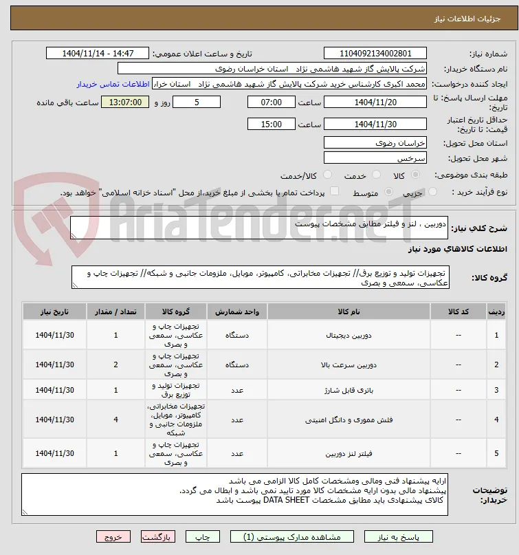 دوربین ، لنز و فیلتر مطابق مشخصات پیوست 