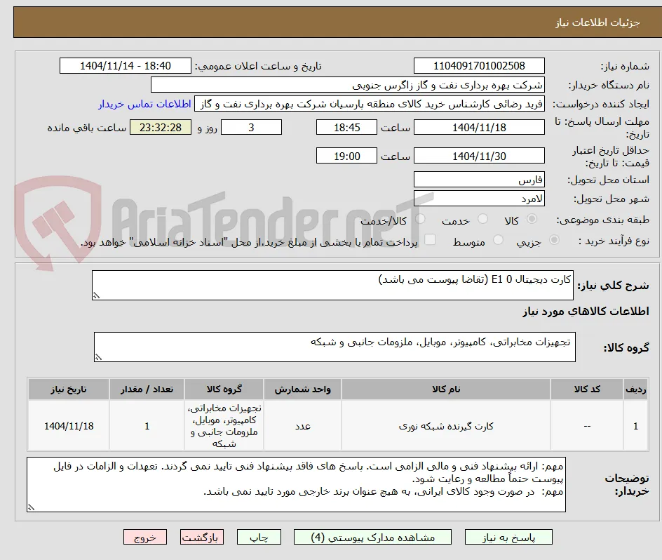 کارت دیجیتال E1 0 (تقاضا پیوست می باشد)