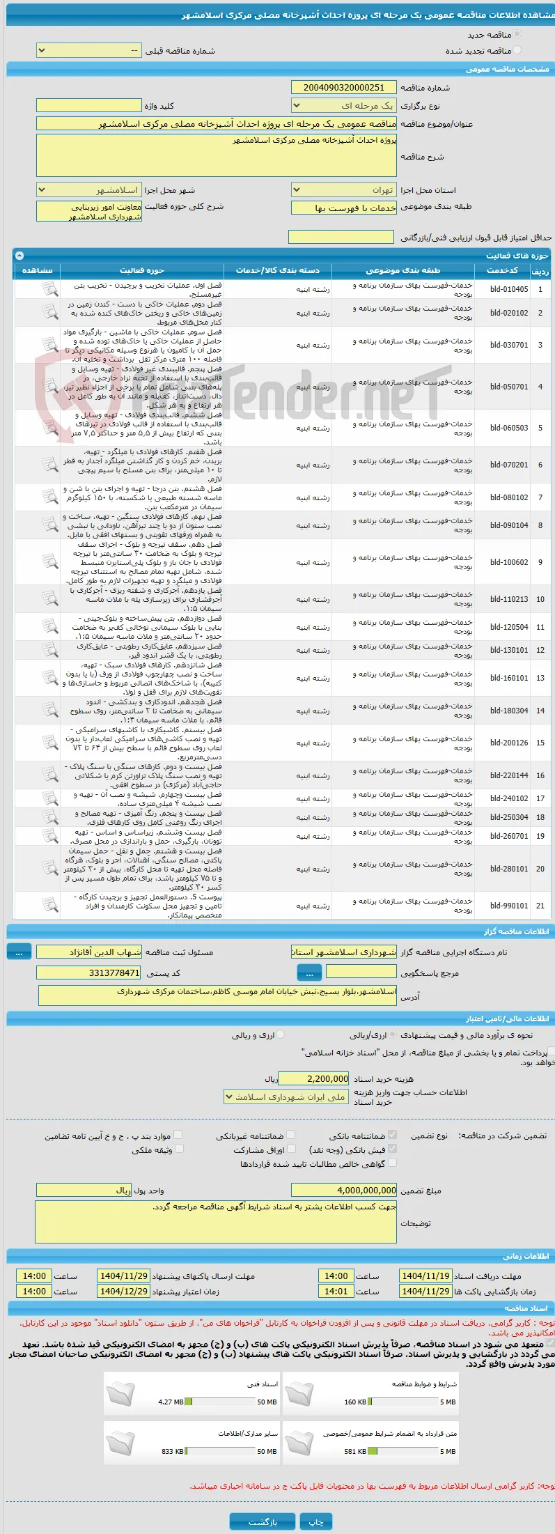 مناقصه عمومی یک مرحله ای پروژه احداث آشپزخانه مصلی مرکزی اسلامشهر