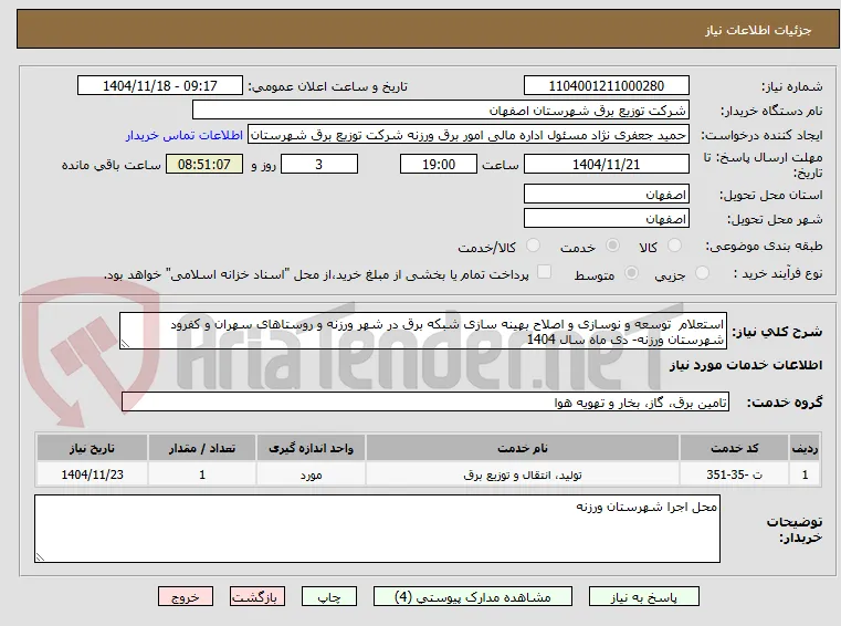 استعلام  توسعه و نوسازی و اصلاح بهینه سازی شبکه برق در شهر ورزنه و روستاهای سهران و کفرود شهرستان ورزنه- دی ماه سال 1404