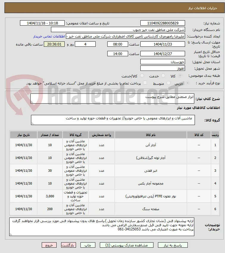 ابزار صنعتی مطابق شرح پیوست