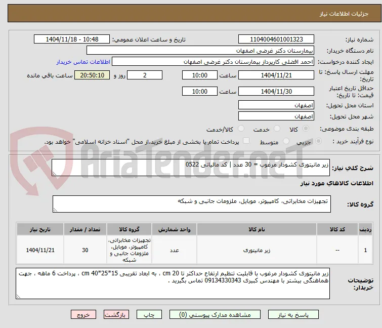 زیر مانیتوری کشودار مرغوب = 30 عدد | کد مالیاتی 0522 