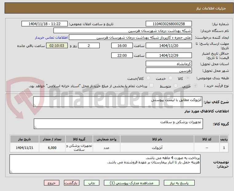 آنژیوکت مطابق با لیست پیوستی