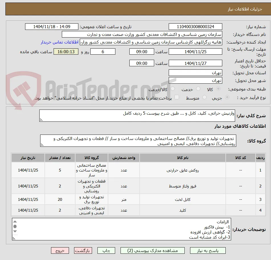 وارنیش حراتی، کلید، کابل و ... طبق شرح پیوست 5 ردیف کامل