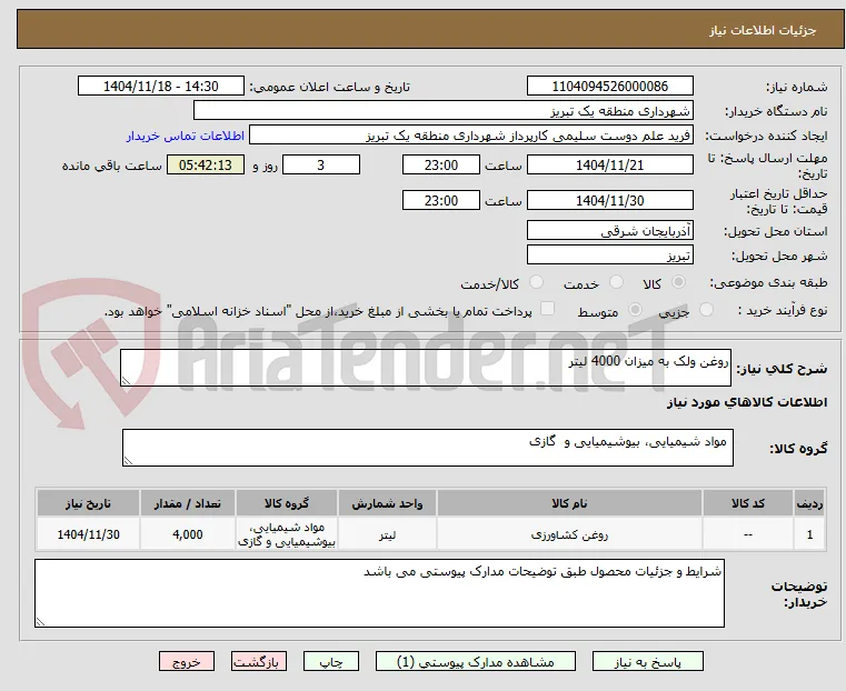 روغن ولک به میزان 4000 لیتر