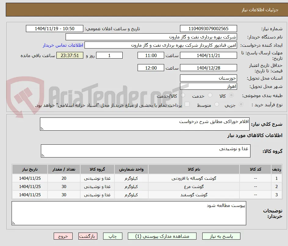 اقلام خوراکی مطابق شرح درخواست