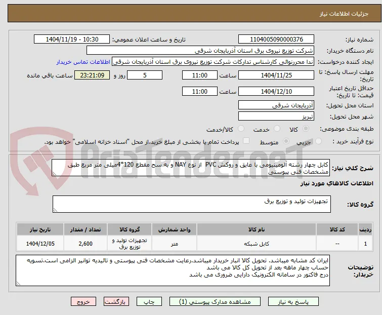 کابل چهار رشته آلومینیومی با عایق و روکش PVC  از نوع NAY و به سح مقطع 120*4میلی متر مربع طبق مشخصات فنی پیوستی