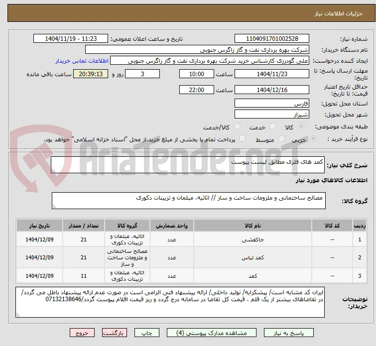 کمد های فلزی مطابق لیست پیوست