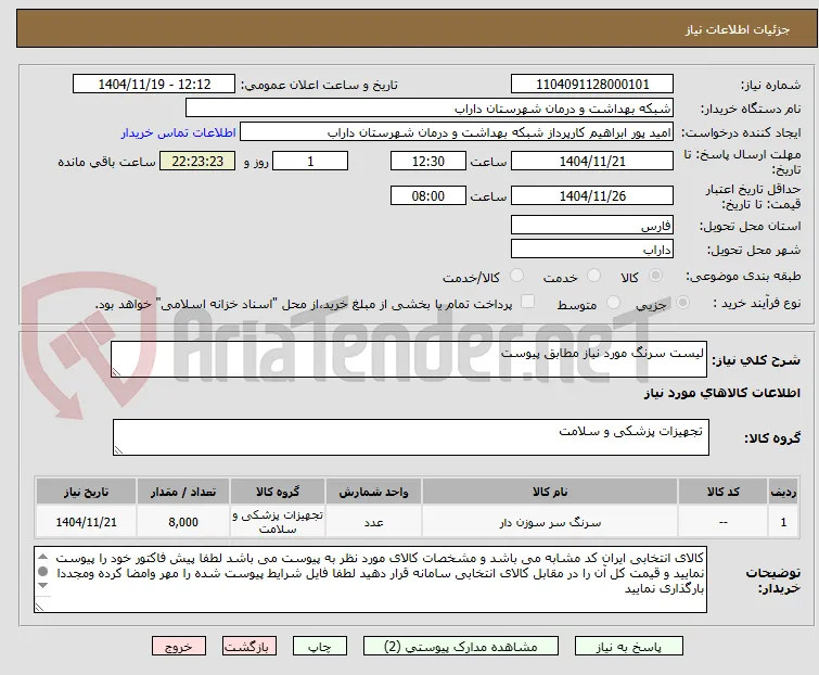 لیست سرنگ مورد نیاز مطابق پیوست 