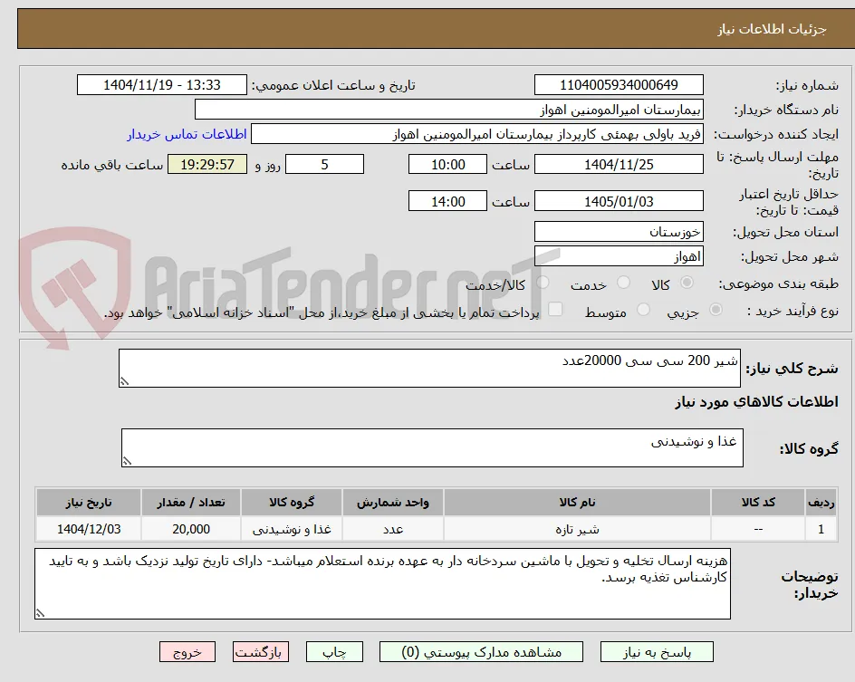 شیر 200 سی سی 20000عدد
