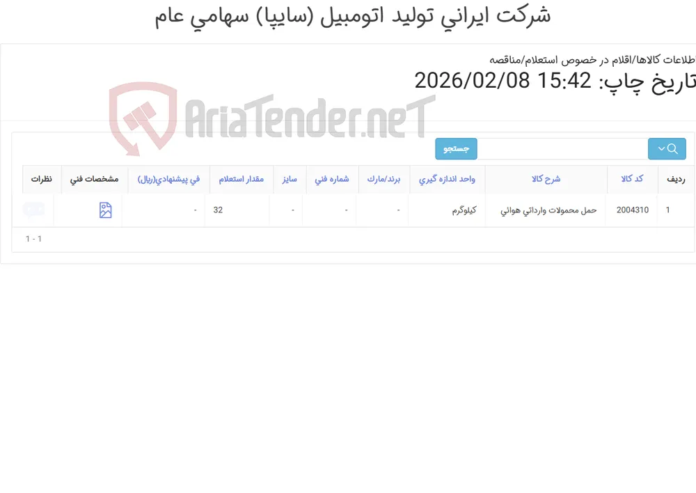 استعلام حمل هوایی محموله وارداتی گیریس های لیتیومی از کشور چین (شانگهای) به مقصدشرکت سایپا