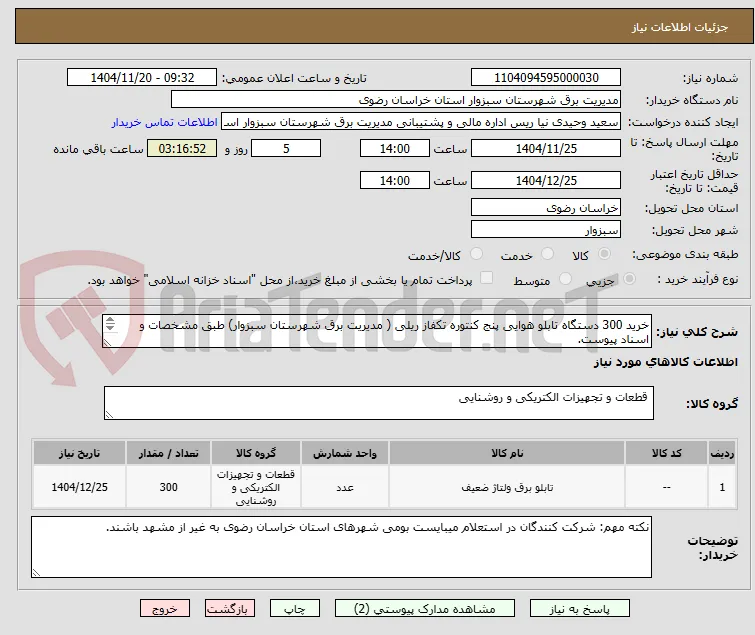 خرید 300 دستگاه تابلو هوایی پنج کنتوره تکفاز ریلی ( مدیریت برق شهرستان سبزوار) طبق مشخصات و اسناد پیوست.
