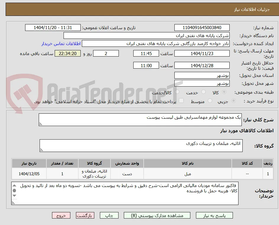یک مجموعه لوازم مهمانسرایی طبق لیست پیوست