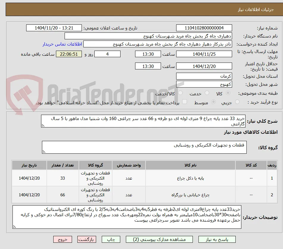 خرید 33 عدد پایه چراغ 9 متری لوله ای دو طرفه و 66 عدد سر چراغی 160 وات شنتیا مدل ماهور با 5 سال گارانتی 