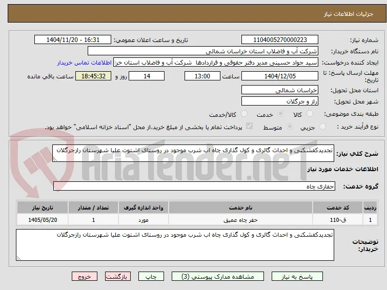 تجدیدکفشکنی و احداث گالری و کول گذاری چاه اب شرب موجود در روستای اشتوت علیا شهرستان رازجرگلان 
