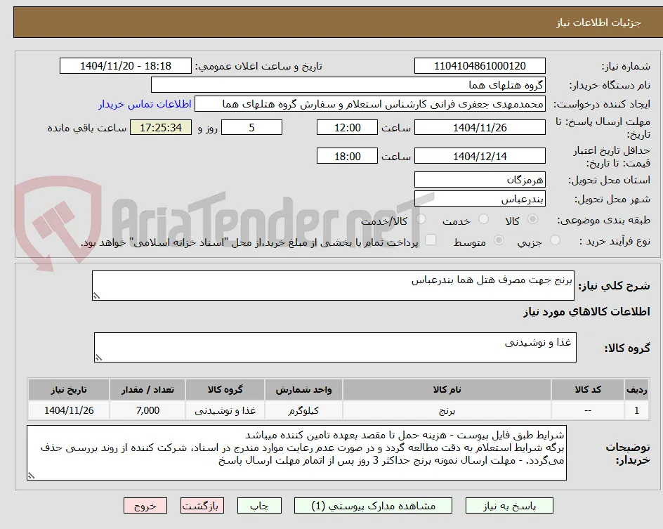 برنج جهت مصرف هتل هما بندرعباس