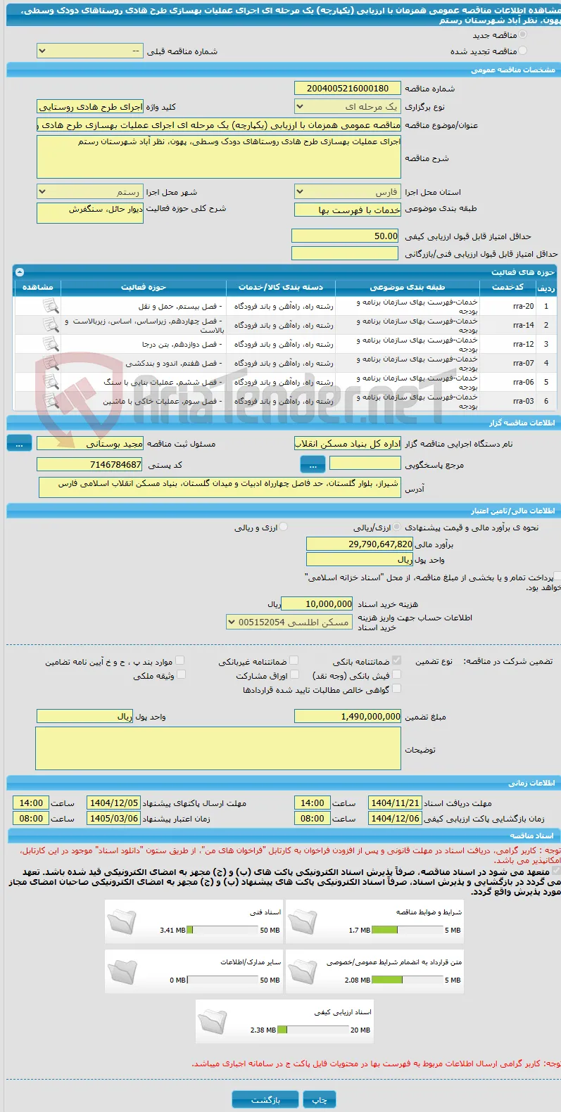 مناقصه عمومی همزمان با ارزیابی (یکپارچه) یک مرحله ای اجرای عملیات بهسازی طرح هادی روستاهای دودک وسطی، پهون، نظر آباد شهرستان رستم