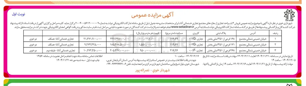  فروش ۳ باب واحد تجاری 