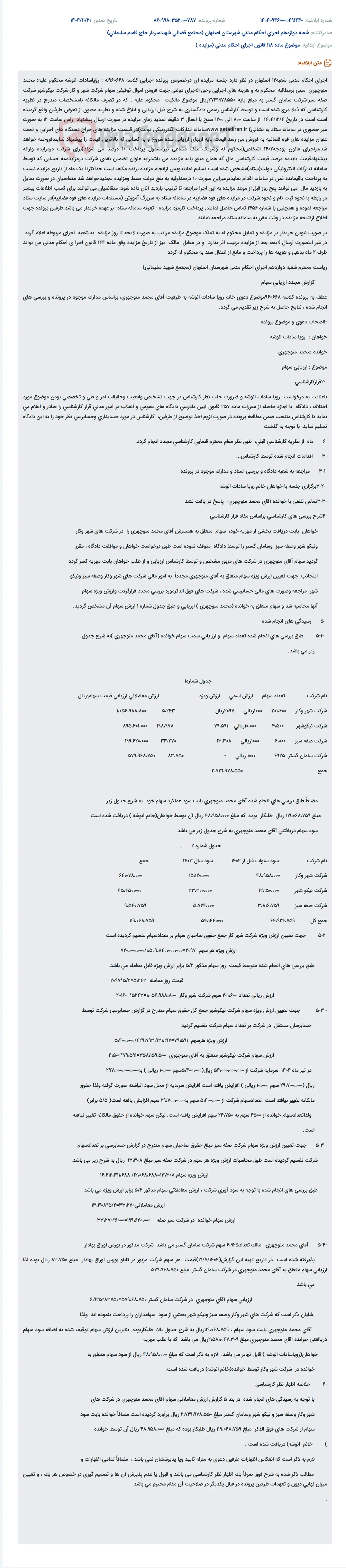 موضوع ماده 118 قانون اجرای احکام مدنی (مزایده )