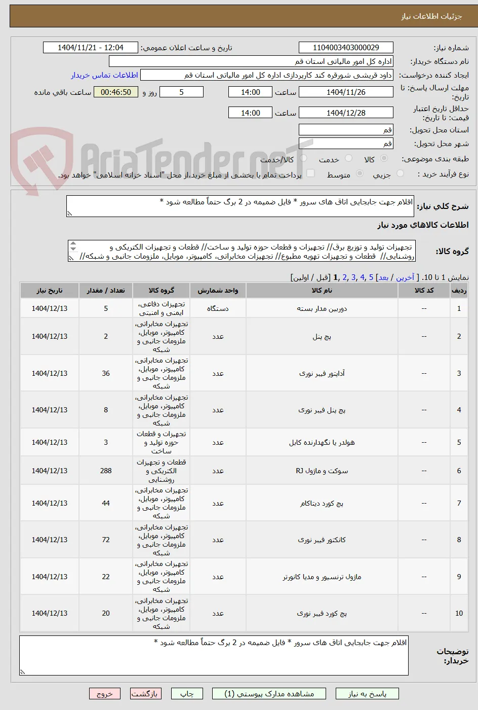 اقلام جهت جابجایی اتاق های سرور * فایل ضمیمه در 2 برگ حتماً مطالعه شود *